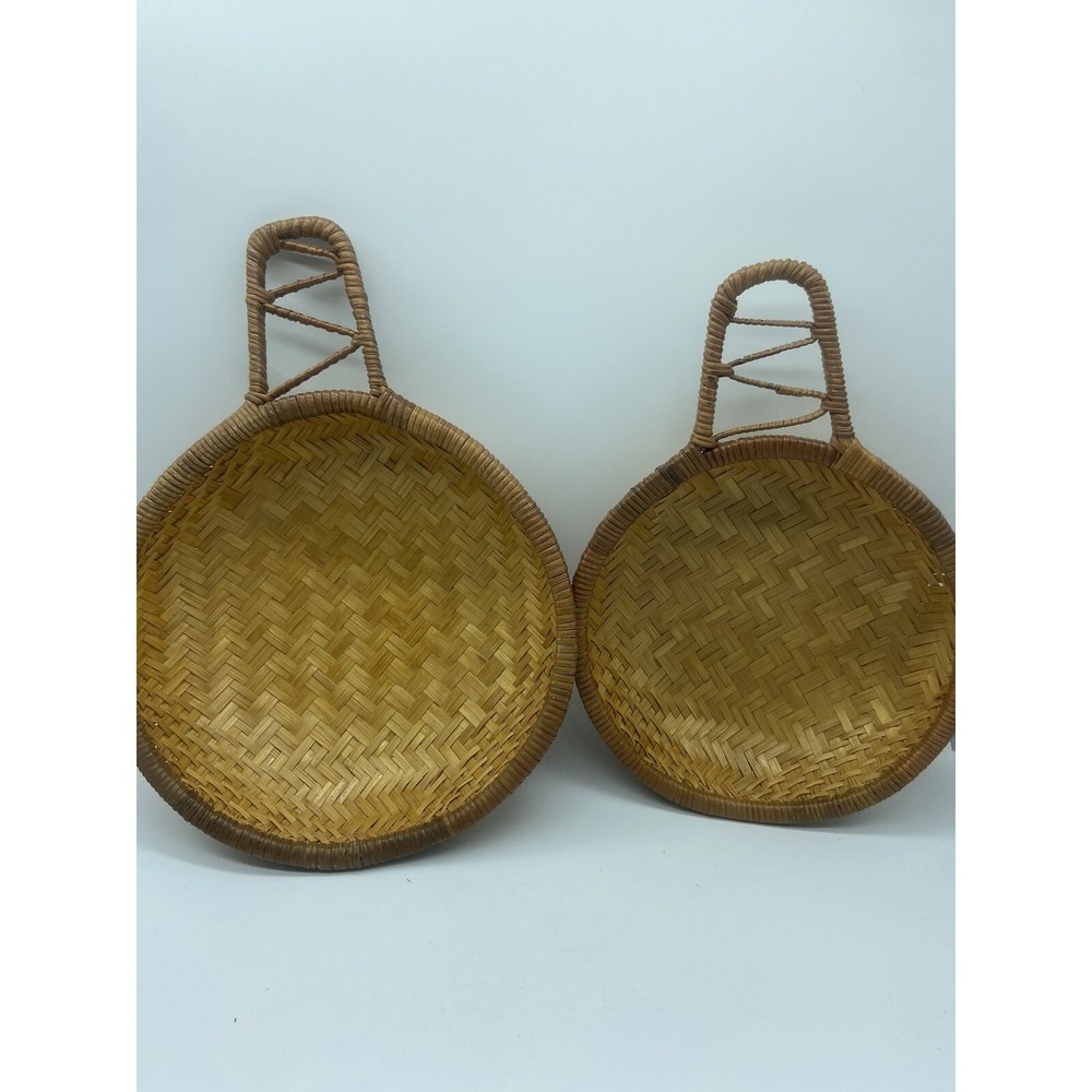 Vintage Asian Woven Wicker Baskets Set Of 2 Handles Nesting Round 9" 8" Boho